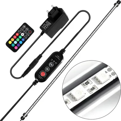 A set of LED aquarium lights with accessories, laid out on a white background.