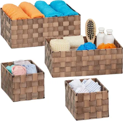 Produktbild von Relaxdays Aufbewahrungskorb 4er Set, geflochten, Körbchen Badezimmer, eckig, 3 Größen, Kunststoff, Flechtkorb, braun