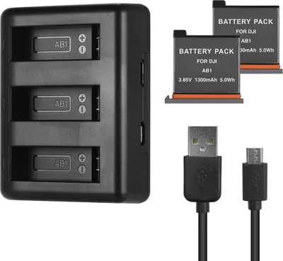 A black multi-bay battery charger with two DJI AB1 batteries and two USB cables.
