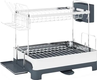 A two-tier dish drying rack with a removable cutlery holder and a drip tray.