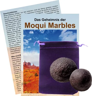 Produktbild von Moqui Marbles Paar ca. 3-3,5cm mit Zertifikat, deutschsprachigem Booklet Das Geheimnis der Moqui-Marbles und Stofftäschchen.