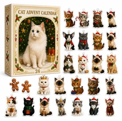 Katzen-Adventskalender 2026, 24 Überraschungen, Acryl-Anhänger, Weihnachtsdeko