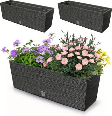 Produktbild von 2 Stck. Blumenkasten Meißel Balkonkasten Pflanzkasten Anthrazit 18L 58 cm mit Topf Einsatz 12L Pflanzkübel Einzigartiger Blumentopf Kunststoff Selbstbewässernd Drainageloch