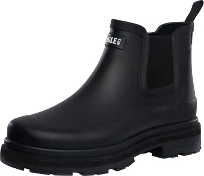 A black Aigle rain boot is shown against a white background.