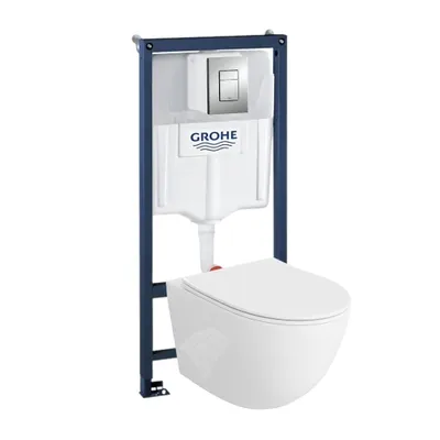 Produktbild von LAVITA Wand Hänge WC Sinto Weiß Spülrandlos + WC-Sitz SoftClose | Matt Verchromter Knopf |  Komplettset | Unterputz Spülkasten | Toilette Komplett Sett |