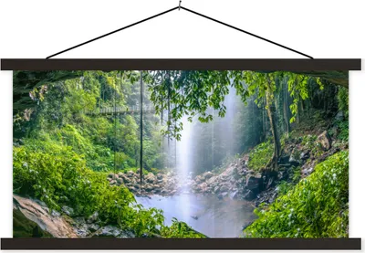 Produktbild von MuchoWow® Textilposter Dschungel - Regenwald - Wasser - Wasserfall - Pflanzen 90x45 cm mit schwarzem Rahmen - Klemmleisten