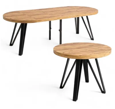 Produktbild von Massiver ausziehbarer Esstisch, Industrial-Look, Runder Tisch Craft Eiche + Schwarz Ø100/300 cm