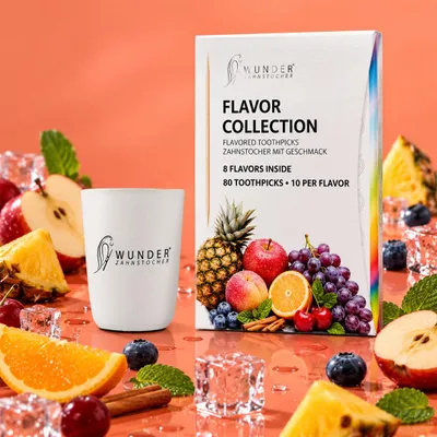 Produktbild von Wunder Zahnstocher mit Geschmack - Becher Weiß + 80er Single Pack frischer Atem mit Aromatisierte Zahnstocher - Lifestyle