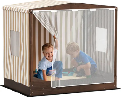 Zdjęcie produktu dla Piaskownica AIYAPLAY z daszkiem i drzwiami z siatki, 142 x 101,5 cm, drewniana piaskownica z ławką, miejscem do przechowywania, ochraniaczem podłogi, piaskownica dla 4 dzieci w wieku 3-6 lat, brązowa