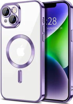 Immagine prodotto di Custodia magnetica trasparente per iPhone 14, compatibile con MagSafe, custodia protettiva galvanica con protezione della fotocamera Viola