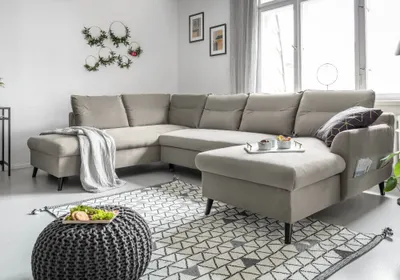 Produktbild von MIUFORM Stylish Stan - Ecksofa mit Bettfunktion und Bettkasten U-FORM LINKS - 300x198cm - Velours Beige - Sofa Schlafsofa Couch