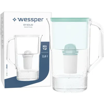 A water filter pitcher and its packaging are shown against a white background.