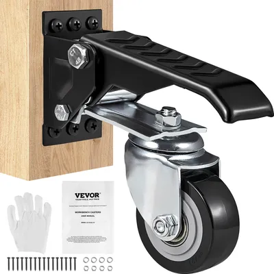 A workbench caster is shown attached to a wooden post, with accessories and a manual laid out below.