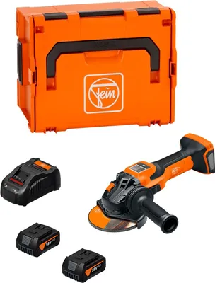 An angle grinder, two batteries, and a storage case are arranged on a white background.