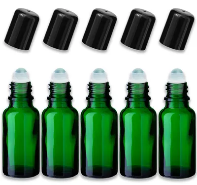 Produktbild von 5x Grüne Glasflasche 20 ml Roll-On mit schwarzem Verschluss Glaskugel
