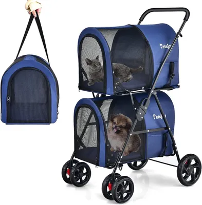 Image de Chariot pour chiens à 2 étages, avec des fenêtres en filet et des porte-gobelets, poussette pour animaux de compagnie jusqu'à 16 kg, poussette pour chats et petits chiens (pour 2 animaux), et remorque pour chiens