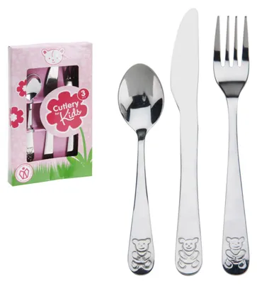 Obrázok produktu pre Detský príbor Medvedík - 3 ks, nerezová oceľ, ružové balenie