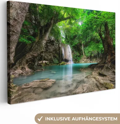Produktbild von MuchoWow® - Leinwandbilder - Dschungel - Wasserfall - Pflanzen - Wasser - Natur, Wandbild, Wanddeko Bilder Wohnzimmer, 60x40 cm
