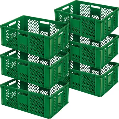 A stack of green plastic crates.