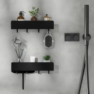 Image de Étagère de douche sans perçage, 2 pièces, en acier inoxydable noir, 30 cm, avec crochets