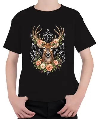 Zdjęcie produktu dla Elegancki wieniec kwiatowy z motywem jelenia, poroże, las, styl boho, naturalne materiały, skórzane spodnie, motyw jelenia, koszulka dziecięca, czarna, rozmiar 152