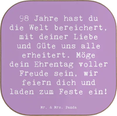 Produktbild von Mr. & Mrs. Panda Untersetzer für Gläser Spruch 98. Geburtstag - Lavendeltraum - Geschenk, Tassenuntersetzer, Geburtstagsgeschenk, Ehrentag 98 Jahre, Glückwunsch, Coaster