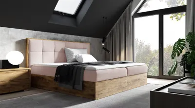 Produktbild von Boxspringbett Bett THANOS 140x200cm Lancelot Eiche Stoff Altrosa inkl Bettkasten