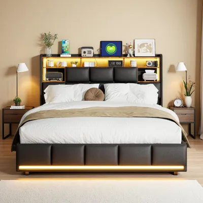 Obrázok produktu pre INONEFT čalúnená posteľ 160x200 s LED osvetlením a USB portami, posteľ s pružinovou základňou, posteľ s hydraulickým úložným priestorom, posteľ pre mládež s úložným priestorom, čalúnenie zPolyuretánmateriálu, čierna farba