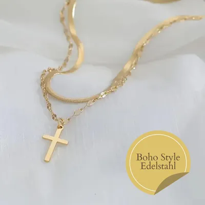 Produktbild von XCOAST Halskette - Double Layer, Kreuz, Edelstahl, Gold - Valentinstag