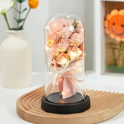 Produktbild von 7 Ewige Rosen Champagner mit LED in Acrylkuppel Geschenkbox