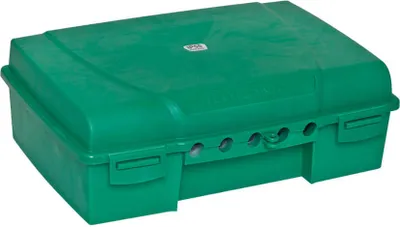A green electrical distribution box is shown against a white background.