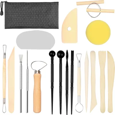 A collection of pottery tools laid out on a white background.