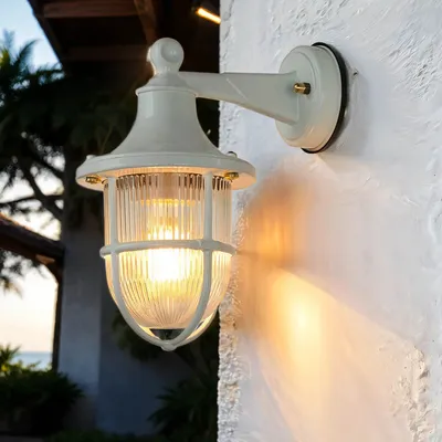 Produktbild von Wandleuchte außen Weiß IP64 E27 Riffelglas Echt-Messing Maritim Außenwandlampe Garten Hof SANTORIN