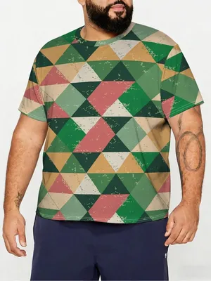 Produktbild von Herren T-Shirt Übergröße, Kurzarmshirt aus Polyester mit Retro Dreieck Muster Print, lässiges Freizeit Shirt für Alltag 4XL