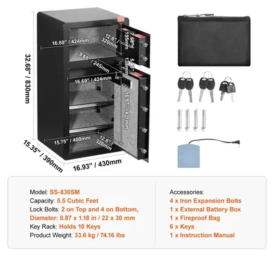 Imagen del producto de Caja fuerte de seguridad de 5.5 pies cúbicos con apertura mediante huella digital, llave, contraseña y caja ignífuga