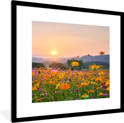 Produktbild von MuchoWow® Gerahmtes Poster Blumen - Sonnenuntergang - Berg 40x40 cm - Poster mit Schwarzem Bilderrahmen Wandposter Rahmen Foto Bilder - Poster - Plakat im Rahmen