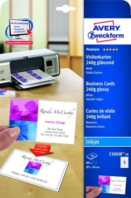 Produktbild von Avery Zweckform C32028-10 Premium Visitenkarten, 85 x 54 mm, Inkjet-Spezialbeschichtung, VS: hochglänzend, RS: matt, 10 Blatt