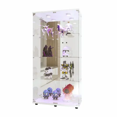 Produktbild von Glasvitrine mit Beleuchtung, Glasvitrine in Weiß，Vitrinenschrank Weiß，Sammlervitrine mit 4-stufigen Einlegeböden，Glasständer, Aluminium, gehärtetes Glas, 80,49 x 36,49 x 163,9 cm