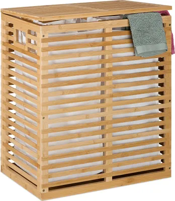 Zdjęcie produktu dla Kosz na bieliznę Relaxdays z pokrywą, 2 wyjmowane worki, każdy o pojemności 44 l, wymiary: 61 x 53 x 35 cm, kosz na bieliznę z bambusa, kolor naturalny/beżowy