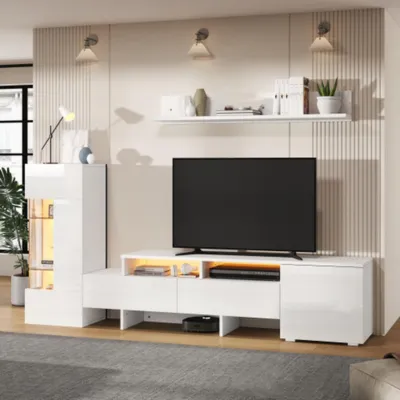 Produktbild von TV Wohnwand Set 3-teilig,TV Wohnzimmermöbel-Set mit LED, modernes TV-Schrank,stehend und hängend, Glastrennwand, Weiß