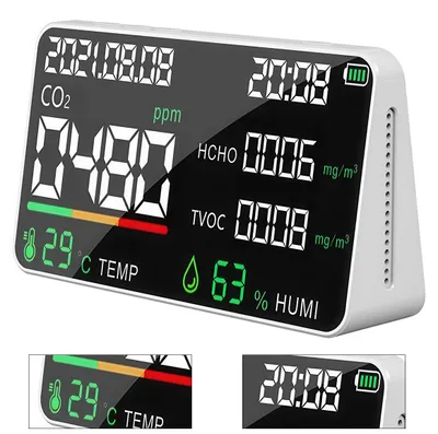 Produktbild von 7-in-1-Luftqualitätsmonitor für Innenräume, CO₂-Detektor, Temperatur- und Feuchtigkeitsmesser, für CO₂, CO, TVOC, HCHO, PM2,5, Temperatur und AQI