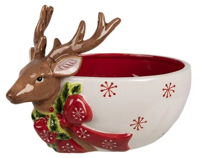 Image de Clayre & Eef Décoration Bol 700 ml Blanc Rouge Céramique Cerf