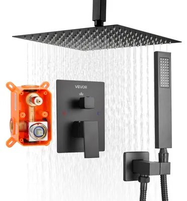 Produktbild von VEVOR Duscharmatur Set, Regen Duschsystem mit 12-Zoll (30,5 cm) quadratischem Regenduschkopf und Handbrause, Deckenmontage Badarmaturen mit Messingventil und Verkleidung, gebürstetes Nickel, 12 inch-a, Matte Schwarz-a