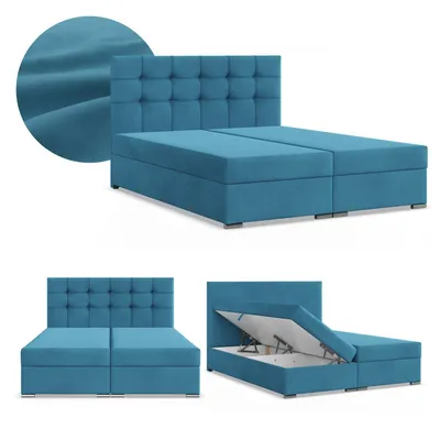 Produktbild von Boxspringbett 140x200 mit 2 Bettkästen, Kontinentales Bett mit Bonell Matratze, Doppelbett mit Kopfteil, Samtstoff Blau, Meeresfarbe ELDA 140 x 200