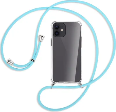 Produktbild von Handykette Backcover-Schutzhülle mit Band (Metall silberfarben) für Apple iPhone 12 Mini - himmelblau