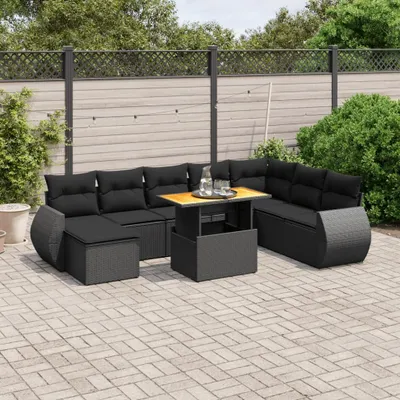 Produktbild von Design 9-tlg. Garten-Sofagarnitur mit Kissen Schwarz Poly Rattan, Gartenmöbel-Sets 2024 Neu