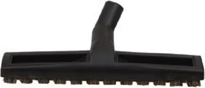 A black vacuum cleaner floor head with brown bristles is shown against a white background.