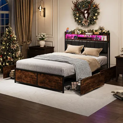 Produktbild von Stauraumbett 140x200cm, Bett mit Stauraum, 4 Schubladen, Polsterbett mit LED und USB, Doppelbett Bettgestell mit Lattenrost, Jugendbett, Schwarz,PU