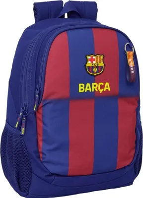 A blue and red striped backpack with the FC Barcelona logo and name.