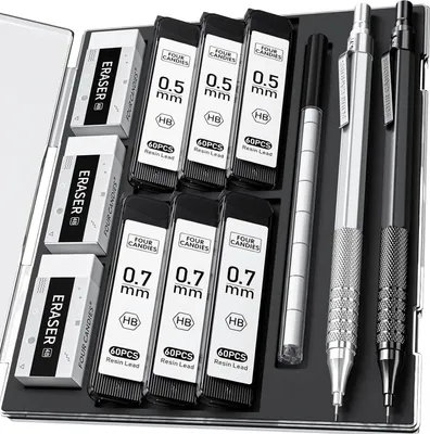 Zdjęcie produktu dla Zestaw czarnych metalowych ołówków mechanicznych 0,5 mm 0,7 mm HB z gumkami i etui